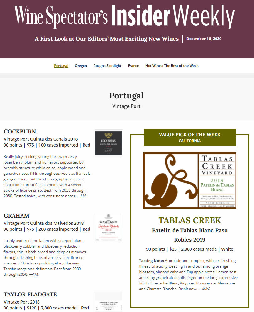 Wine Spectator 93 Patelin Blanc 2019 Value Of The Week